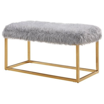 Elegant Accent Bench, Gold Finished Metal Frame With Soft Faux Fur Seat, Gray