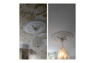 Remove wallpaper from ceiling. Plastering and painting