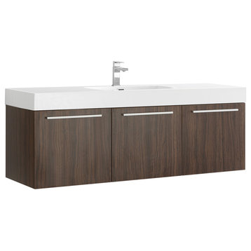 Fresca Vista 60" Walnut Wall Hung Single Sink Cabinet With Integrated Sink