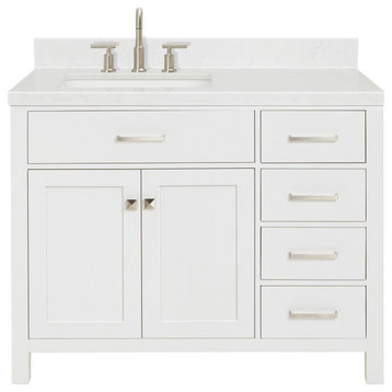 Ariel Bristol 42" Single Left Rectangle Sink Bathroom Vanity, Carrara Quartz, White