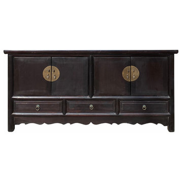 Chinese Dark Brown Stain Low TV Console Table Cabinet Hcs7123