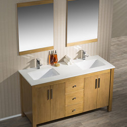 59 inch Traditional Brown-Tan Finish Double Bathroom Vanity Quartz Top - Bathroom Vanities And Sink Consoles