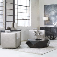 Faceted Large Round Wood Coffee Table, Modern Geometric Block Solid