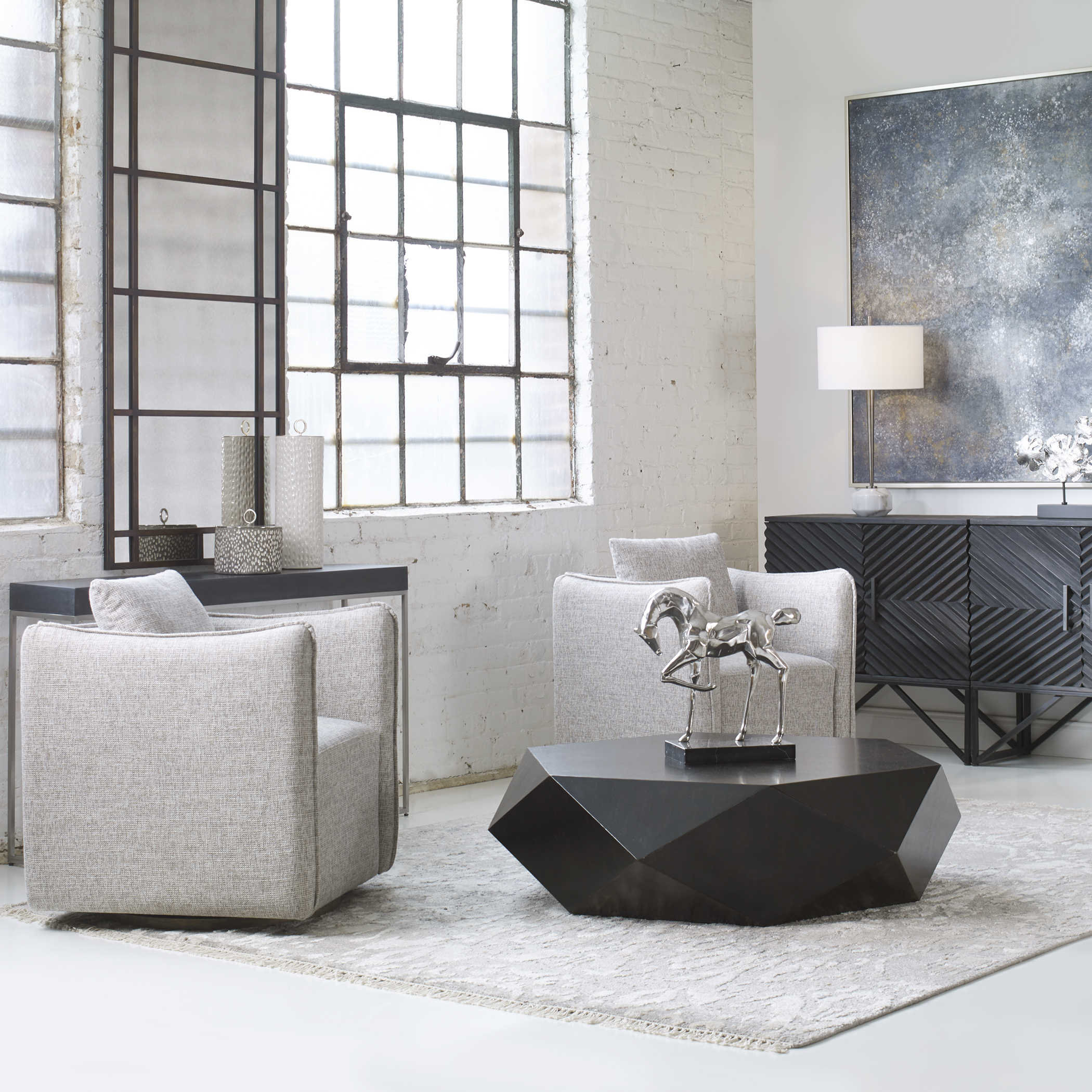 Faceted Large Round Wood Coffee Table, Modern Geometric Block Solid