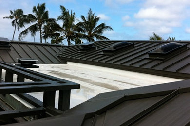 Large minimalist brown two-story metal exterior home photo in Hawaii