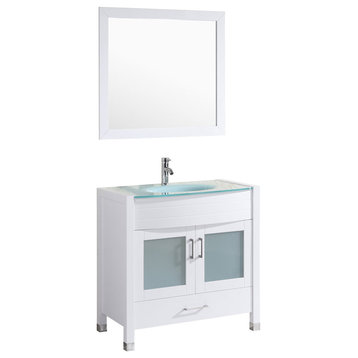 Style 3, 36"W White Vanity Sink Base Cabinet, Mirror, LV3-36W