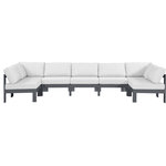 Meridian Furniture - Nizuc Water Resistant Patio U-Shaped Modular Sectional, White, 7-Piece: 5 Armless Chair, 2 Corner Chair, Dark Gray Aluminum Frame - Pick and choose your favorites from the Nizuc collection to create a modular seating group the whole gang will enjoy. The sturdy aluminum frame provides dependable support for friends and family as they relax and unwind, and the resilient white water resistant fabric stands up to the elements without losing its beautiful demeanor, so you can count on it lasting for the long haul. Latches beneath these seating pieces help you easily attach them to one another for convenient setup.