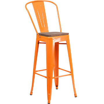 30" High Orange Metal Barstool With Back and Wood Seat