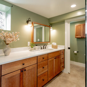 Modern Basement Vanity with Undermount Sink and Sage Green Accent Wall