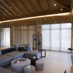 Panel Track Blinds | Contemporary Living Room | Brown | Rustic Walls - Vertical Blinds