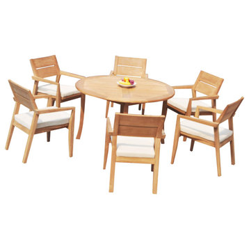 7-Piece Outdoor Teak Dining Set: 52" Round Table, 6 Cellore Stacking Arm Chairs