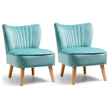 Velvet Upholstered Modern Sofa Chair w/Wood Legs, Set of 2
