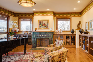 Inspiration for a large timeless formal and open concept living room remodel in Albuquerque with beige walls, a standard fireplace and a tile fireplace