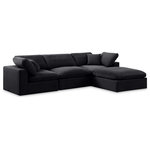 Meridian Furniture - Comfy Upholstered L-Shaped Modular Sectional, Black, 4-Piece: 1 Armless Chair, 2 Corner Chair, 1 Ottoman, Velvet - Give your space a whole new look with this black Comfy velvet sectional. This handsome sectional fits nicely with other items in the Comfy collection and is a versatile seating option designed for adaptability, comfort and style. Wrapped in rich black durable velvet upholstery, this sectional offers a plush embrace of overstuffed down feather cushions, carefully crafted to deliver the highest level of comfort. The perfect seat for creating an oasis for relaxation, this sectional has thick foam surrounding its frame for added support and coziness.