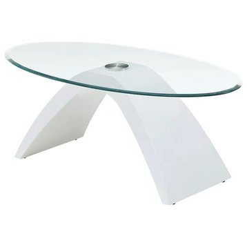 Contemporary Coffee Table, High Gloss Curved Abstract Base With Glass Top, White