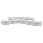 Meridian Furniture - Comfy Upholstered L-Shaped Modular Sectional, Cream, 6-Piece: 3 Armless Chair, 1 Corner Chair, 2 Ottoman, Velvet - Give your space a whole new look with this cream Comfy velvet sectional. This handsome sectional fits nicely with other items in the Comfy collection and is a versatile seating option designed for adaptability, comfort and style. Wrapped in rich cream durable velvet upholstery, this sectional offers a plush embrace of overstuffed down feather cushions, carefully crafted to deliver the highest level of comfort. The perfect seat for creating an oasis for relaxation, this sectional has thick foam surrounding its frame for added support and coziness.