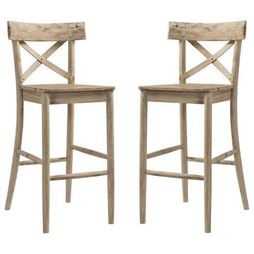 Home Square 2 Piece Rustic Solid Wooden Bar Stool Set in Natural
