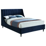 Meridian Furniture - Eva Velvet Upholstered Bed, Navy, King - Snuggle up to a pet or other loved one in this richly upholstered Eva navy velvet king size bed for the ultimate in rest and relaxation. The wing back headboard has cushioned vertical deep channel tufting, and both the side rails and footboard are upholstered too for your comfort. Tapered black wood legs match the upholstery and support this contemporary bed, elevating it sufficiently that you can store items underneath.