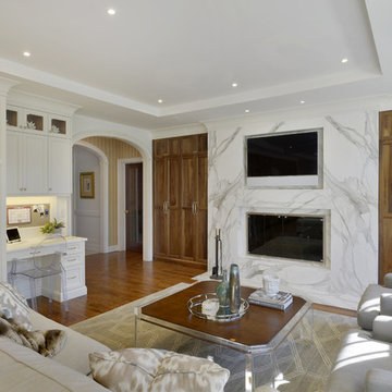 A Dramatic Marble Backsplash in a Transitional Kitchen