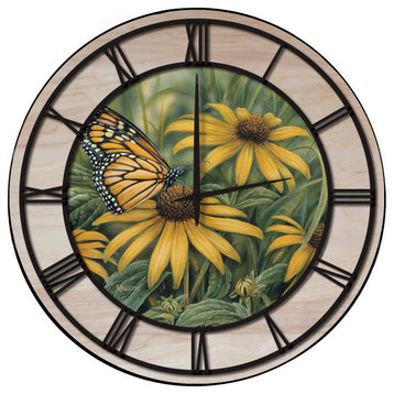 Wall Clock, Monarch Butterfly, 24"x24", Black, Woodgrain Accent