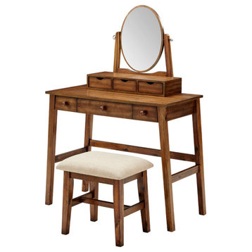 Retro Vanity Set, Cushioned Stool & Several Drawers With Oval Mirror, Walnut