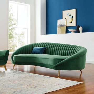 Tufted Sofa, Velvet, Green, Modern, Living Lounge Room Hotel Lobby Hospitality