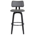 Armen Living - Pico 26" Swivel Black Wood Counter Stool in Gray Faux Leather with Black Metal, 26 - Update your casual meals and cocktail hours with the modern charm and elegance of our Pico Upholstered Swivel Bar or Counter Stool. With bentwood construction, our bar stool features a beautifully curved seat and back, embracing your body with comfort. It is complemented with sculptural bentwood legs to bring signature modern style to your bar or high dining table. Completed with a footrest and upholstered seat, the counter stool promises a comfortable stay. It is upholstered in your choice of faux leather or high-performance fabric to provide easy care and maintenance, best suited to your home. This modern barstool includes a versatile design to complement a kitchen island, pub table, home bar, or adjustable desk. With durable construction, it can be used anywhere from a kitchen to a home office to serve you for years to come. Our counter stool comes with a wonderful 360-degree swivel function. Its smooth gliding system allows you to turn with ease and enjoy your conversation, meals, and cocktail hours to the fullest. The Pico swivel bar or counter stool easily incorporates into any home and is available in your choice of 26-inch or 30-inch seat height. The Pico bar or counter stool is available in your choice of a walnut wood finish with gray, cream, or brown faux leather upholstery and chrome footrest, or a black wood finish with gray faux leather or light gray fabric upholstery and black footrest.