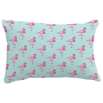 Flamingo Fanfare Multi Tropical Print Pillow With Linen Texture, Aqua, 14"x20"