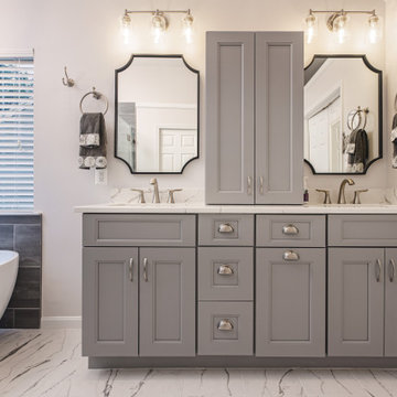 Sleek bathroom remodel in Centerville, VA with double vanity & walk-in shower