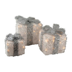 Sisal Gift Boxes with Pre-Lit Warm White lights and Ribbon, Silver