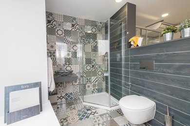 Medium sized mediterranean shower room bathroom in Berkshire with glass-front cabinets and quartz worktops.