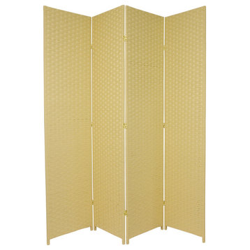 Large Room Divider,  Double Hinged Panels With Natural Woven Fiber, Dark Beige