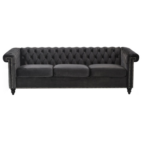 Spencer Tufted Chesterfield Velvet 3 Seater Sofa, Black/Dark Brown