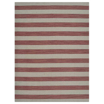 Hand Woven Flat Weave Kilim Wool Area Rug Contemporary Cream Pink