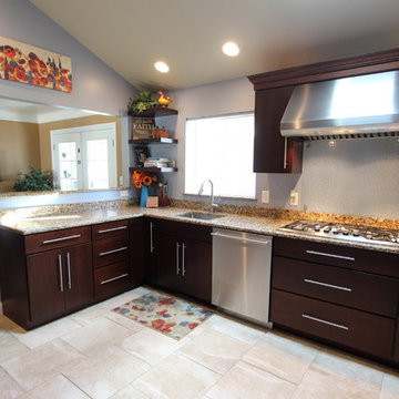 Transitional Cherry Kitchen with Tempered Rain Glass Backsplash