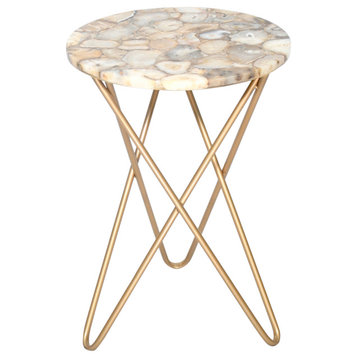 D17" Gold Stainless Steel Side Table With an Agate Round Top