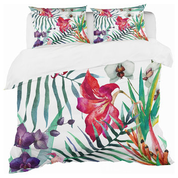 Orchids and Blossoming Tropical Flowers Floral Duvet Cover, Queen
