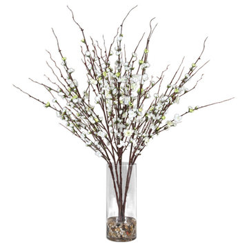 White Spring Blossom Branches Faux Floral Vase, Buds Stones Open Light