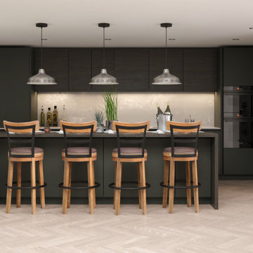 Dark Green and Dark Wood Kitchen with Classic Quartz Worktop
