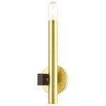 Livex Lighting - Satin Brass Mid Century Modern, Urban, Scandinavian, Single Sconce - The dramatic lines of the Helsinki collection remind of early modern Scandinavian style. The massive candles rise on the contrasting bar at different heights dynamically emulating the shape of a city skyline. This single light exposed bulb sconce comes in a satin brass finish accented with a bronze finish bar. Great for any space where dramatic statement is needed such as a bathroom, hallway, dining room, living room or bedroom.