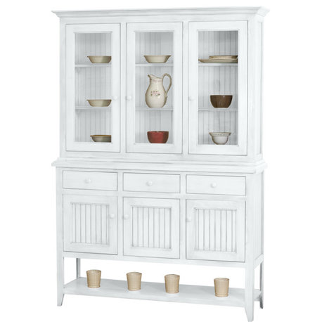 Coastal Dining Hutch and Buffet China Cabinet, European Ivory