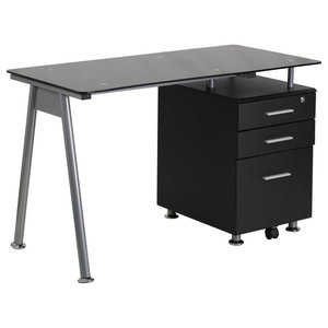 Bush Furniture Montrese Computer Desk In Clic Black Gl Computer Desk With Three Drawer Pedestal