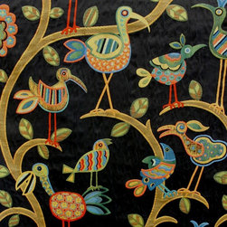 Beautiful tropical birds in bright colors on a black jacquard. - Upholstery Fabric