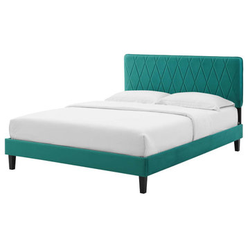 Platform Bed Frame, King Size, Velvet, Teal Blue, Modern Contemporary, Bedroom