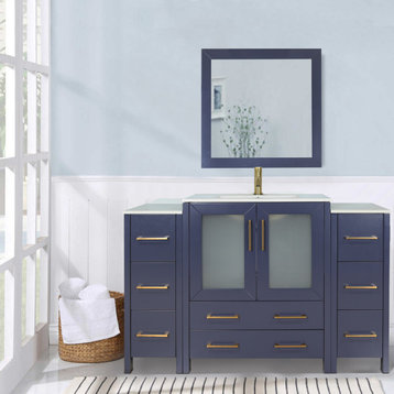Vanity Art Single Vanity Set With Ceramic Top, 60", Blue, Standard Mirror