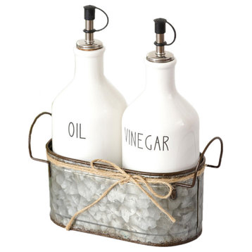 Country White Ceramic Oil and Vinegar Cruet Set With Galvanized Metal Holder