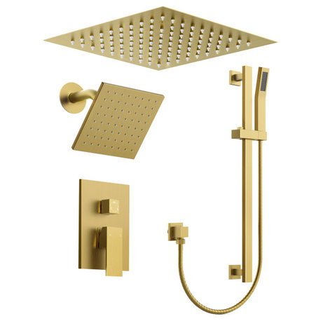 Dual Shower Heads Rainfall LED Head With Slide Bar, Brushed Gold