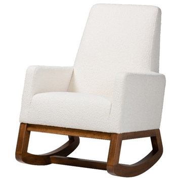 Baxton Studio Yashiya White Boucle Upholstered and Brown Wood Rocking Chair