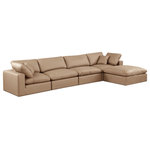 Meridian Furniture - Comfy Upholstered L-Shaped Modular Sectional, Tan, 5-Piece: 2 Armless Chair, 2 Corner Chair, 1 Ottoman, Vegan Leather - Give your space a whole new look with this tan Comfy vegan leather sectional. This handsome sectional fits nicely with other items in the Comfy collection and is a versatile seating option designed for adaptability, comfort and style. Wrapped in rich tan durable vegan leathered upholstery, this sectional offers a plush embrace of overstuffed down feather cushions, carefully crafted to deliver the highest level of comfort. The perfect seat for creating an oasis for relaxation, this sectional has thick foam surrounding its frame for added support and coziness.