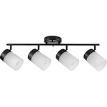 Progress Lighting - Ridgecrest Collection Black 4-Head Multi-Directional Track - Infuse an abundance of sophisticated versatile light to an commercial or residential setting with this brushed nickel four-head track light fixture. Multi-directional lamp heads provide design flexibility and illuminate typically hard-to-reach areas. The round ceiling plate, thin metal bar, and light bases are coated in a beautiful black finish. Each lamp head features a crisp frosted glass shade for soft, general ambient light.